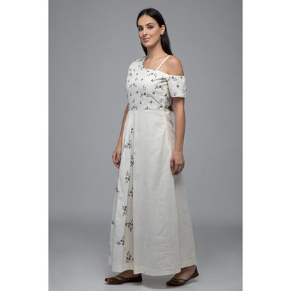 S & V designs Blue Embroidered Cold Shoulder Sleeve Maxi Dress