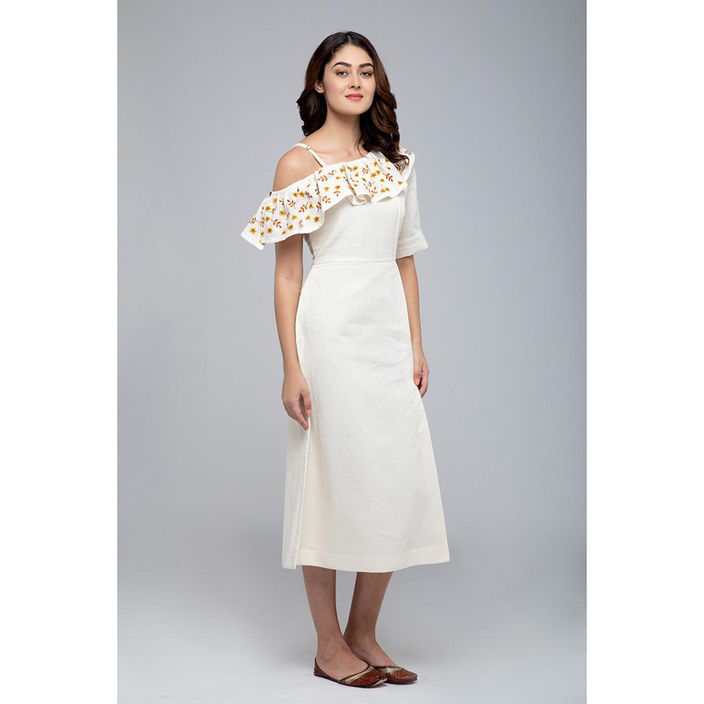 S & V designs Yellow One-Shoulder Frill Side Slit Midi Dress