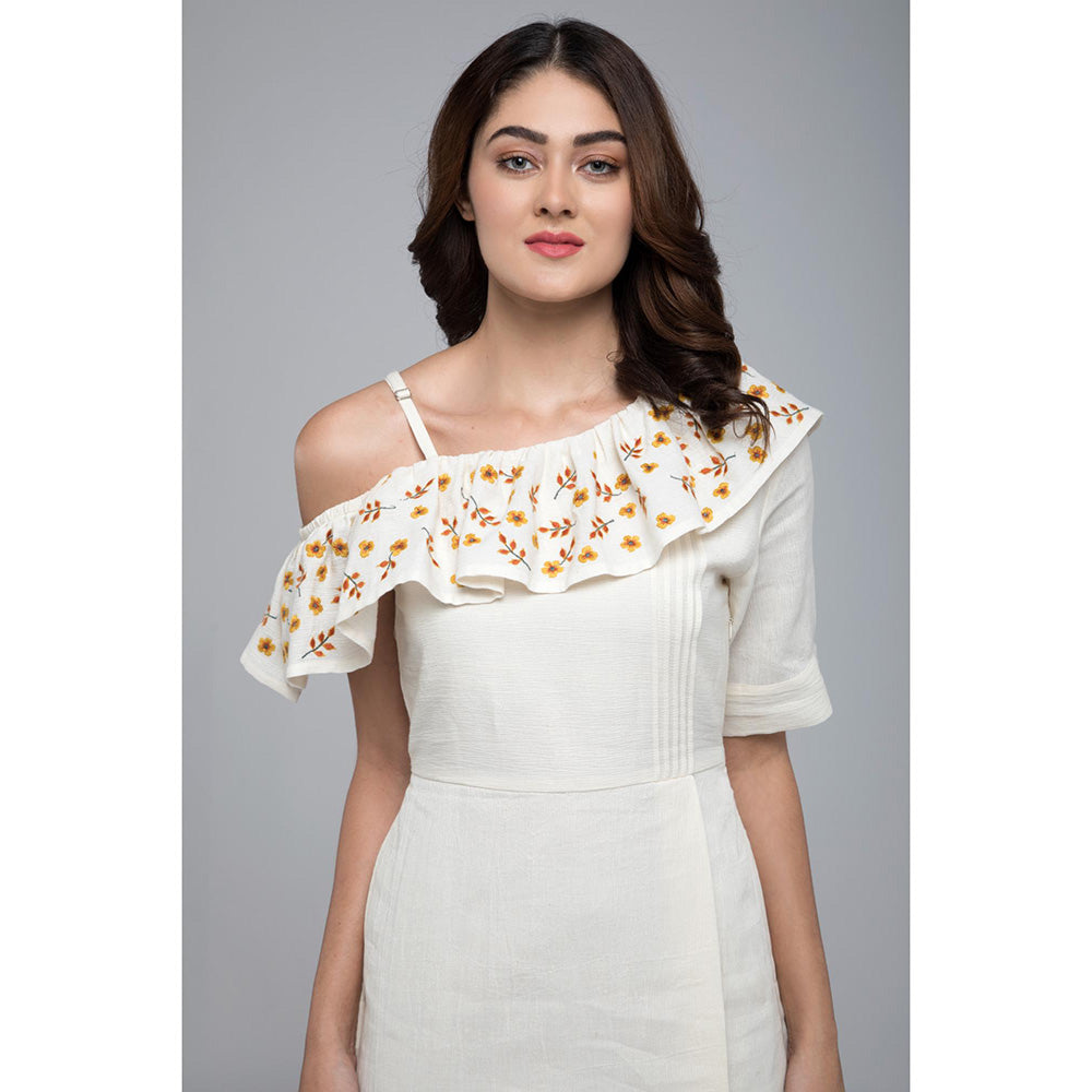 S & V designs Yellow One-Shoulder Frill Side Slit Midi Dress