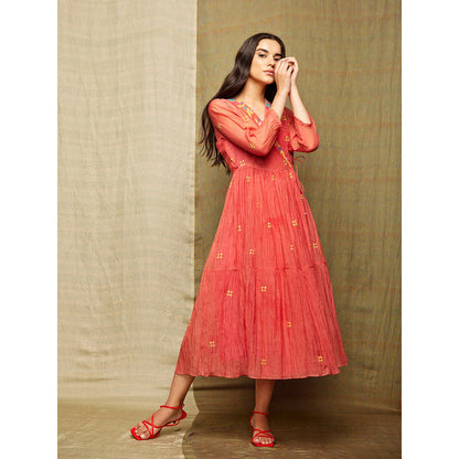 Swati Vijaivargie Rose Red Appliqued Wrap Dress with Slip (Set of 2)