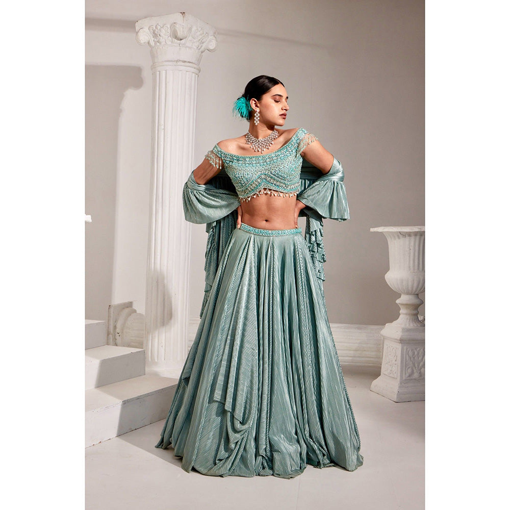 Swati Wadhwani Mirayah Pleated Embroidered Blouse with Lehenga and Dupatta (Set of 3)