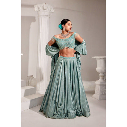 Swati Wadhwani Mirayah Pleated Embroidered Blouse with Lehenga and Dupatta (Set of 3)