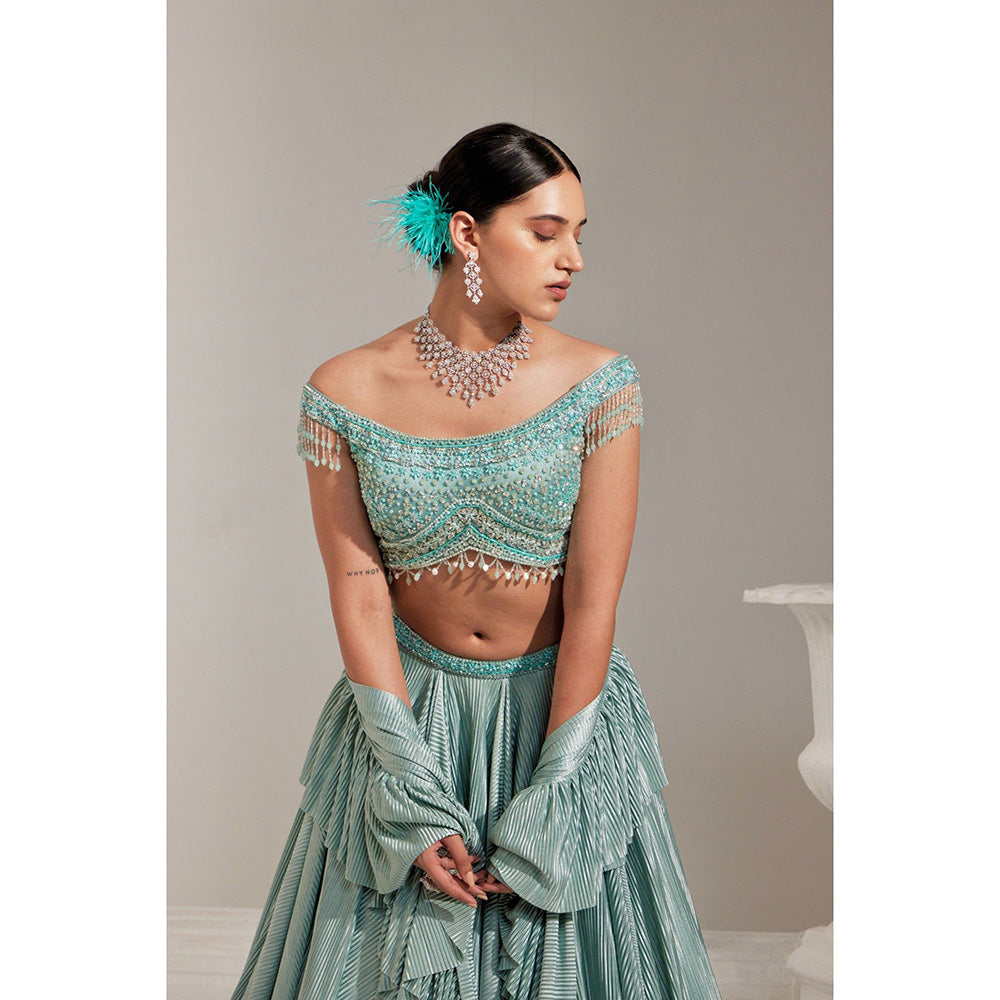 Swati Wadhwani Mirayah Pleated Embroidered Blouse with Lehenga and Dupatta (Set of 3)