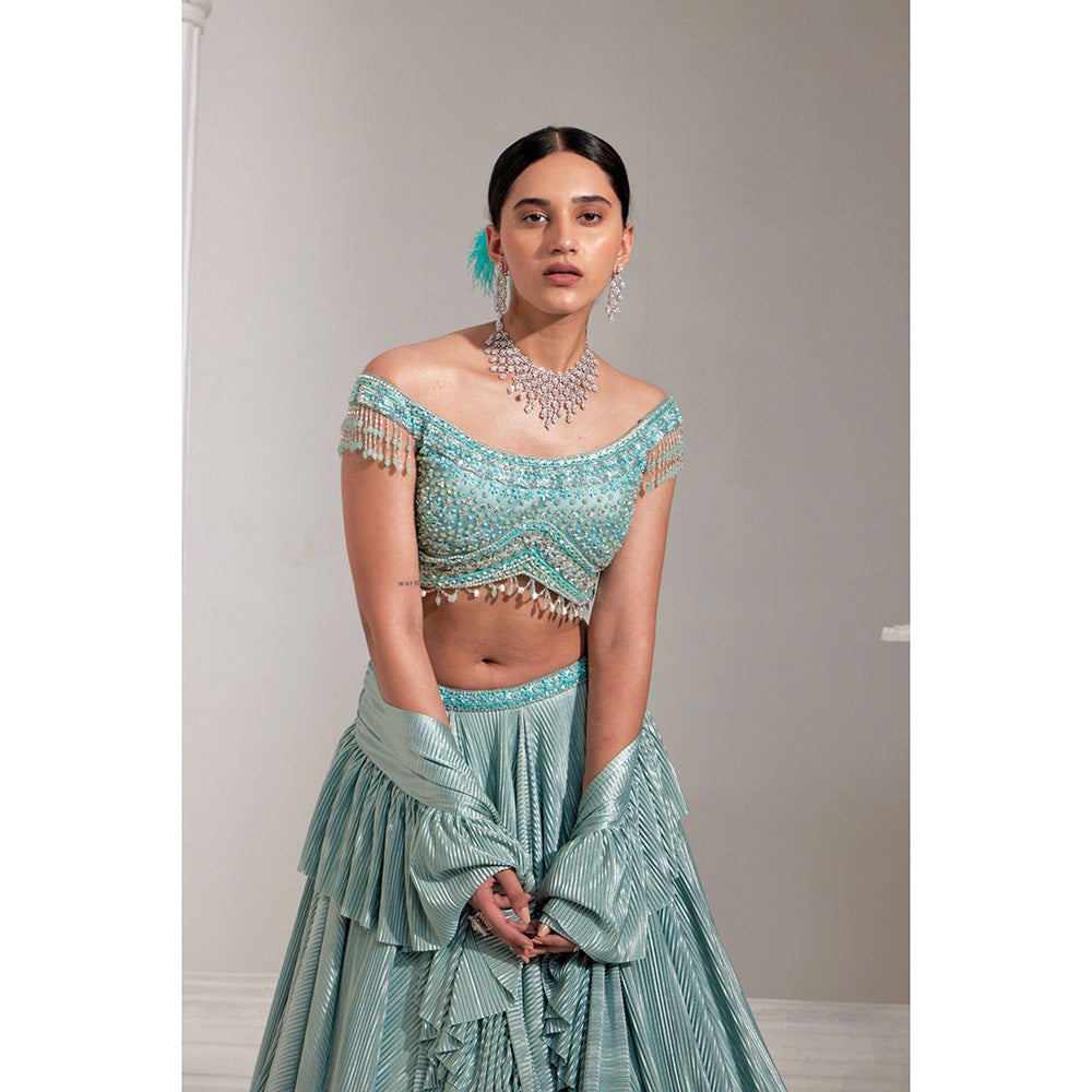 Swati Wadhwani Mirayah Pleated Embroidered Blouse with Lehenga and Dupatta (Set of 3)