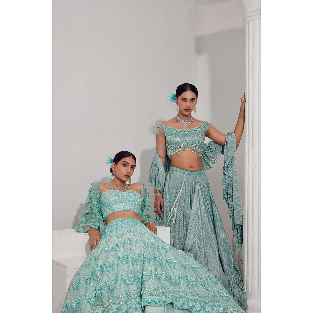 Swati Wadhwani Mirayah Pleated Embroidered Blouse with Lehenga and Dupatta (Set of 3)