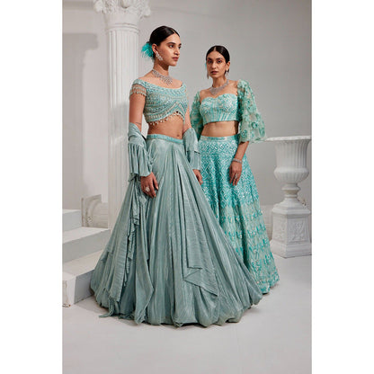 Swati Wadhwani Mirayah Pleated Embroidered Blouse with Lehenga and Dupatta (Set of 3)