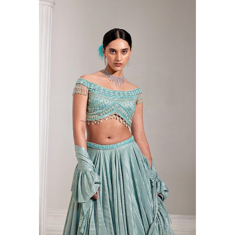 Swati Wadhwani Mirayah Pleated Embroidered Blouse with Lehenga and Dupatta (Set of 3)