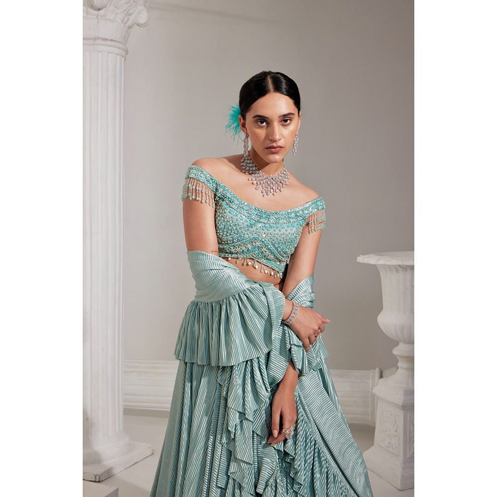 Swati Wadhwani Mirayah Pleated Embroidered Blouse with Lehenga and Dupatta (Set of 3)