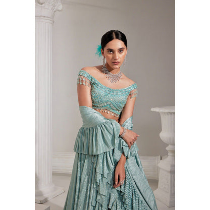 Swati Wadhwani Mirayah Pleated Embroidered Blouse with Lehenga and Dupatta (Set of 3)
