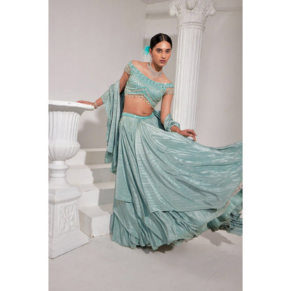 Swati Wadhwani Mirayah Pleated Embroidered Blouse with Lehenga and Dupatta (Set of 3)