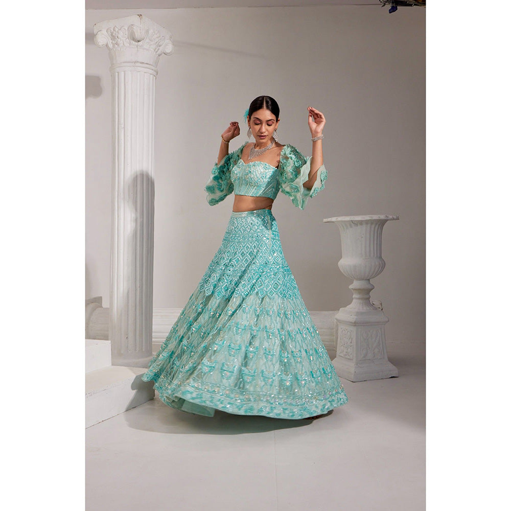 Swati Wadhwani Miraan Embellished Blouse with 3-D Sleeves and Lehenga (Set of 3)