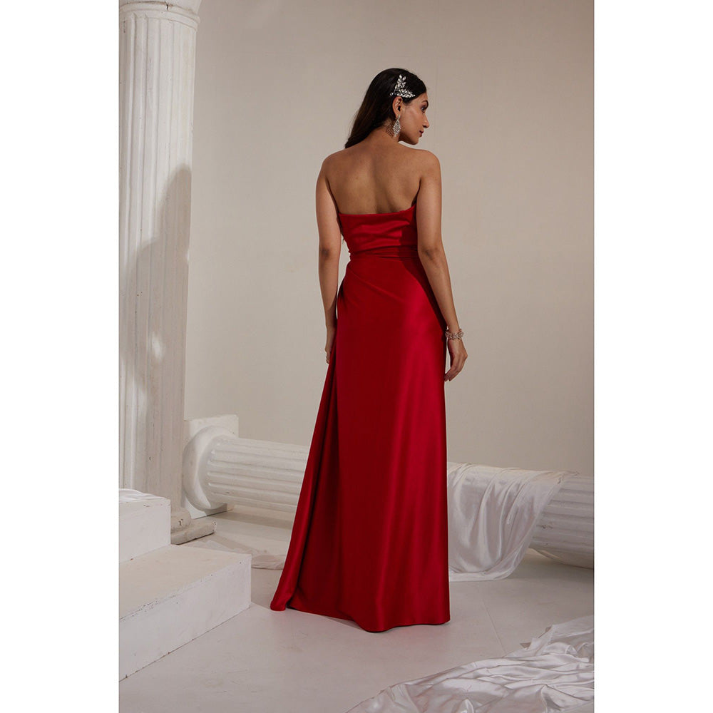 Swati Wadhwani Red Estelle Front Slit Embellished Evening Gown