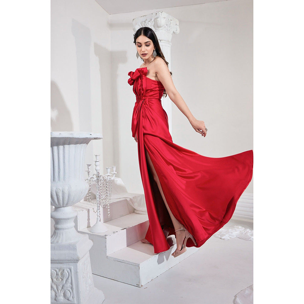 Swati Wadhwani Red Estelle Front Slit Embellished Evening Gown