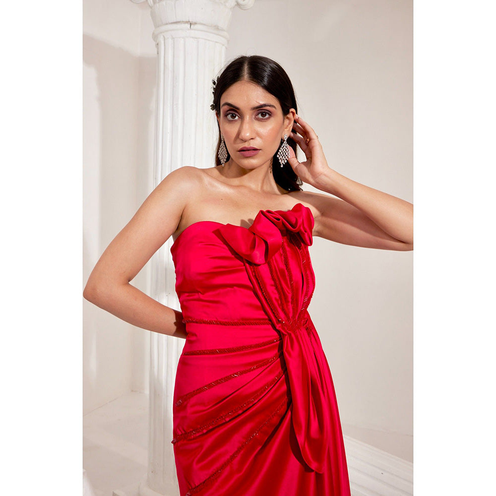 Swati Wadhwani Red Estelle Front Slit Embellished Evening Gown