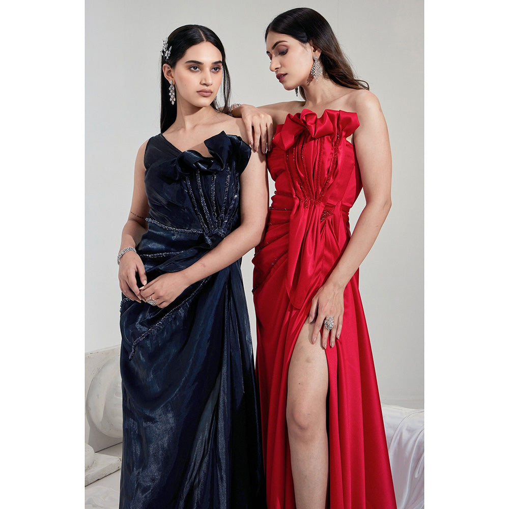 Swati Wadhwani Red Estelle Front Slit Embellished Evening Gown