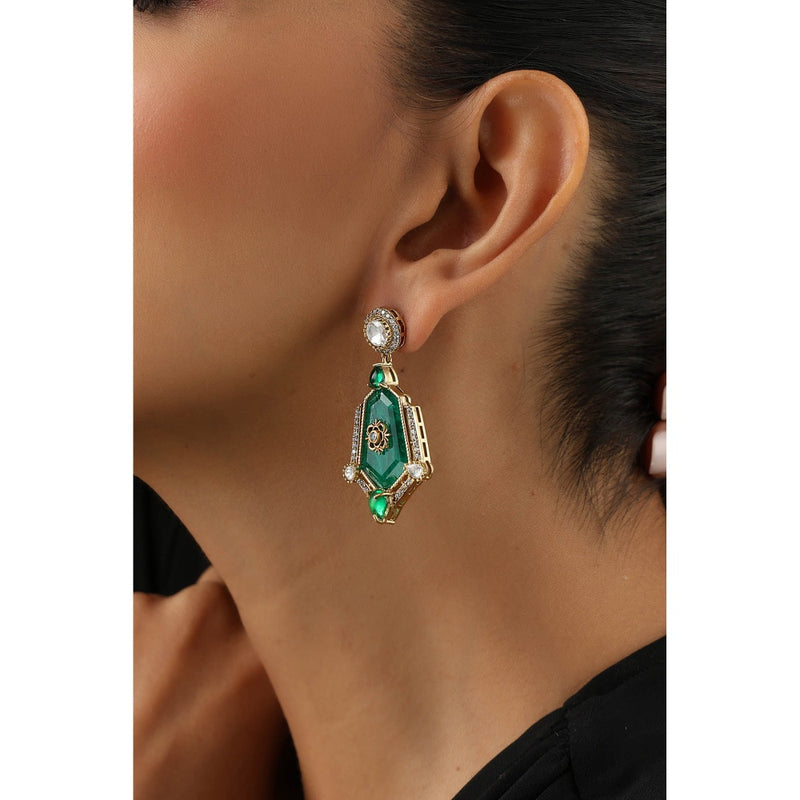 SWABHIMANN Green Polki Dangler Earrings