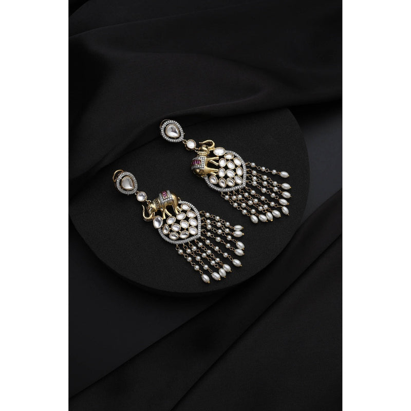SWABHIMANN White Polki and Pearls Dangler Earrings