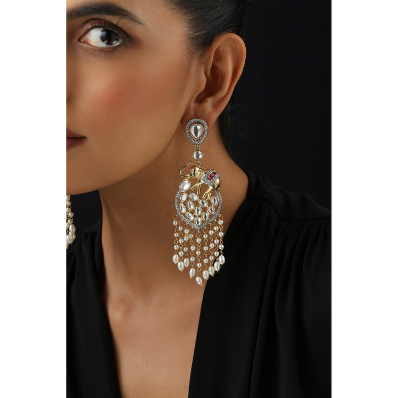 SWABHIMANN White Polki and Pearls Dangler Earrings