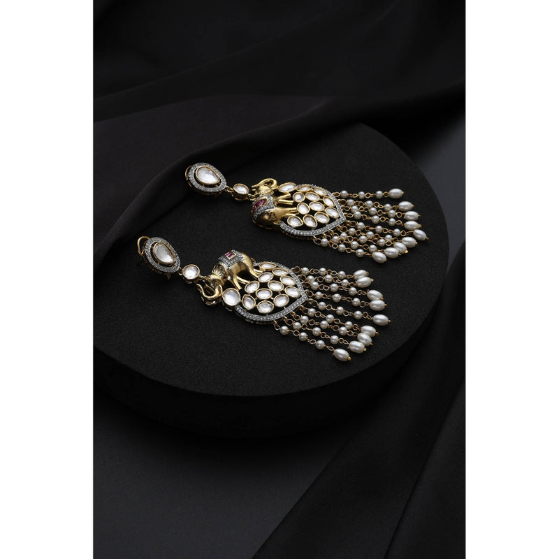 SWABHIMANN White Polki and Pearls Dangler Earrings