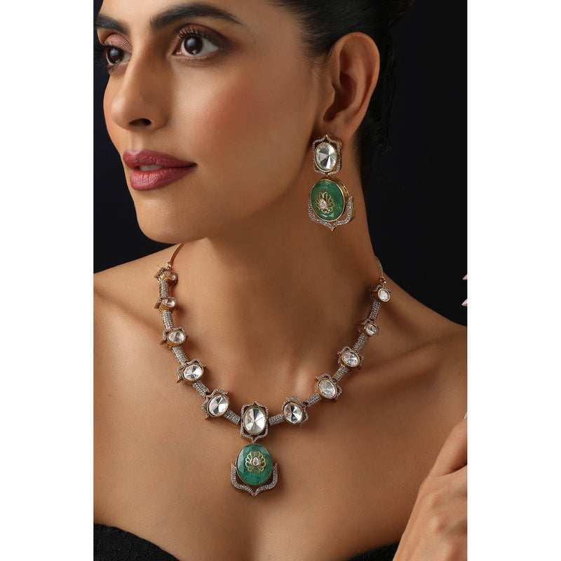 SWABHIMANN Mint Green Polki Hasli Necklace with Earrings
