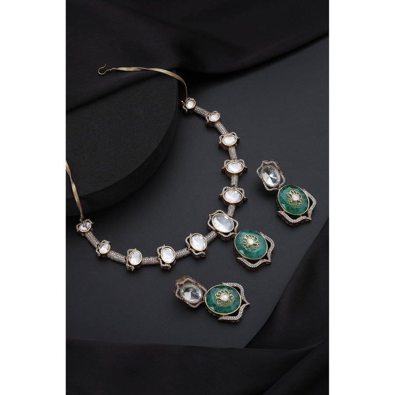 SWABHIMANN Mint Green Polki Hasli Necklace with Earrings