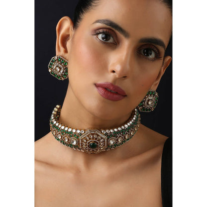 SWABHIMANN Emerald Polki Multi-Color Choker Necklace with Earrings