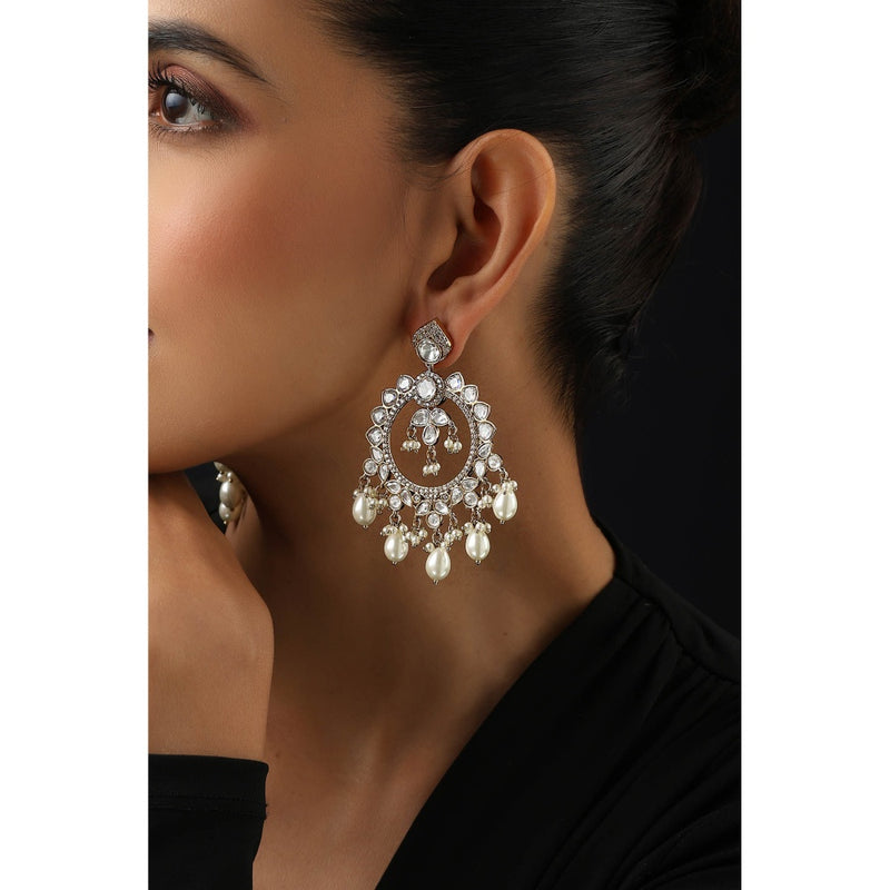 SWABHIMANN White Polki and Pearls Chandbali Earrings