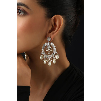 SWABHIMANN White Polki and Pearls Chandbali Earrings