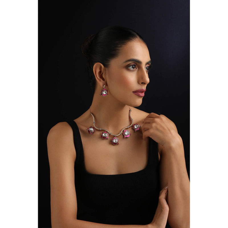 SWABHIMANN Ruby White Polki Hasli Necklace with Earrings