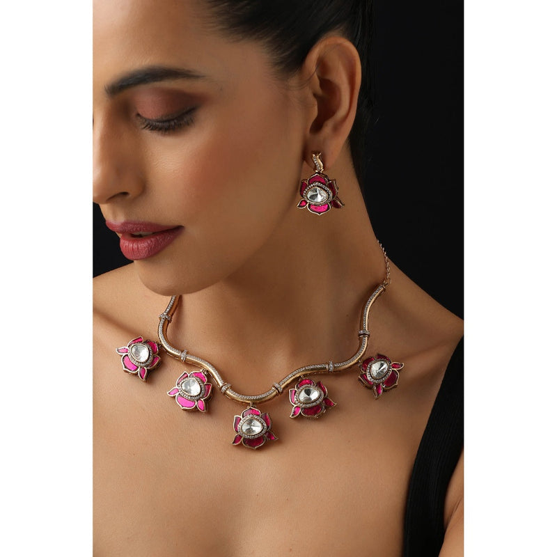 SWABHIMANN Ruby White Polki Hasli Necklace with Earrings