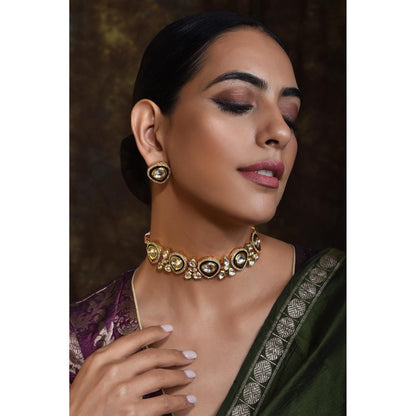 SWABHIMANN White Plated Polka Choker with Earnings