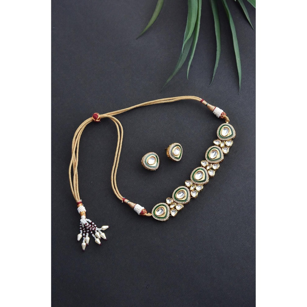 SWABHIMANN White Plated Polka Choker with Earnings