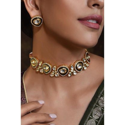 SWABHIMANN White Plated Polka Choker with Earnings