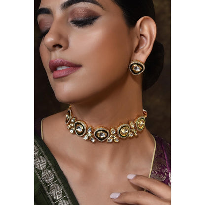 SWABHIMANN White Plated Polka Choker with Earnings