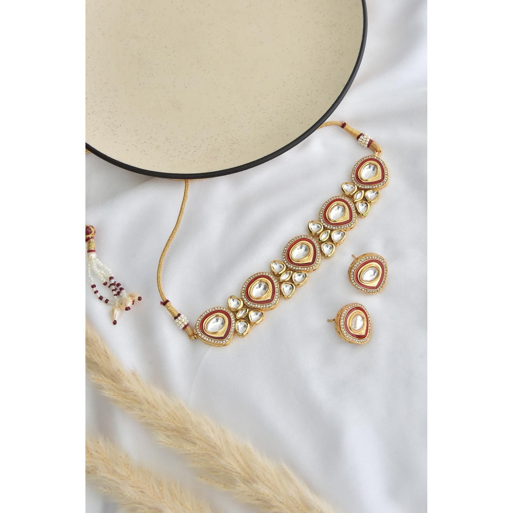 SWABHIMANN White Gold Plated Polka Choker with Earnings