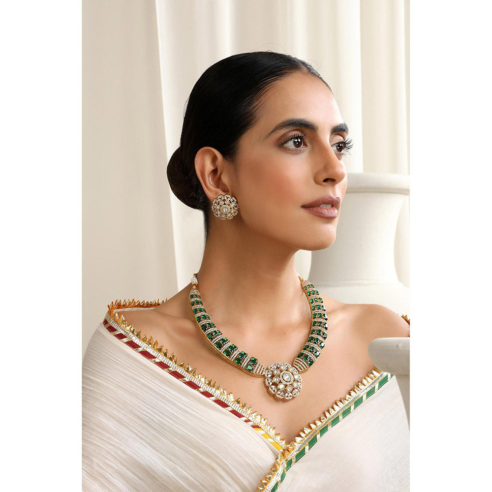 SWABHIMANN Green Gold Plated Polka Choker with Earnings