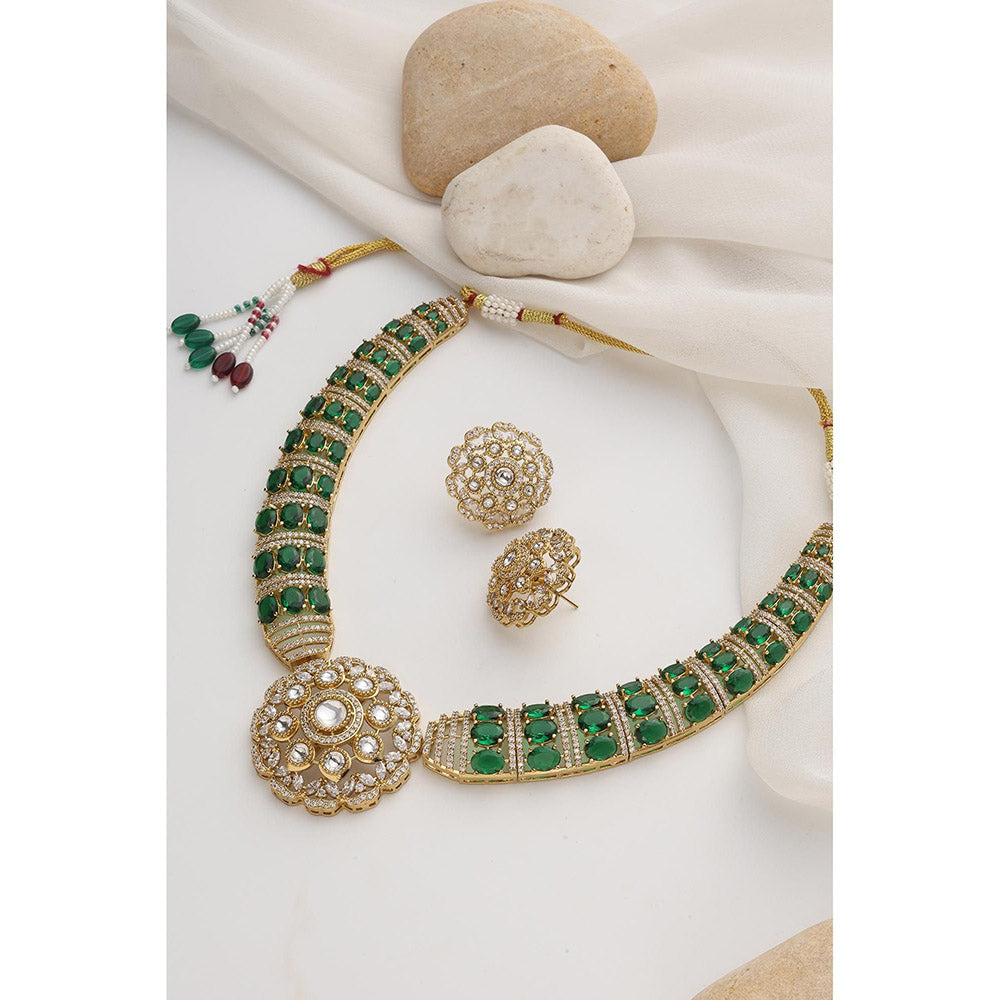 SWABHIMANN Green Gold Plated Polka Choker with Earnings