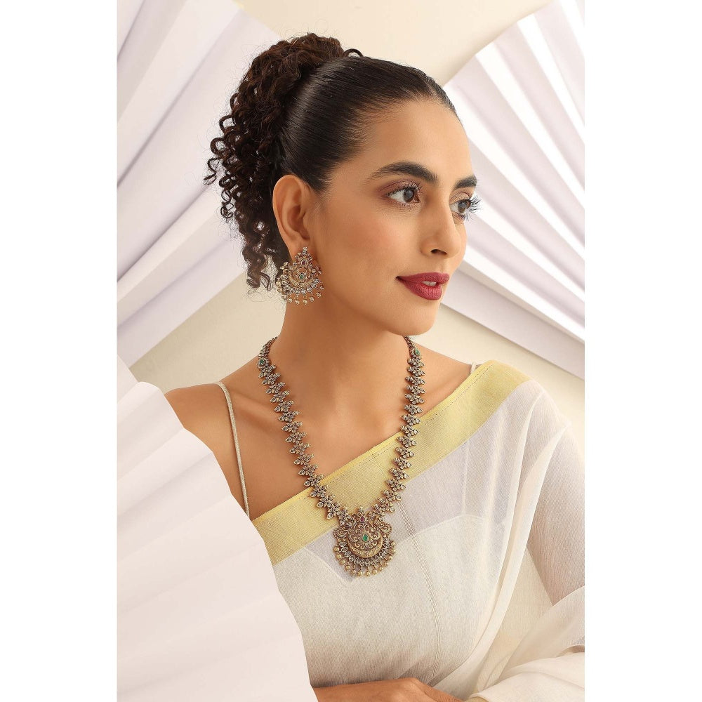 SWABHIMANN Thanya Green Temple Work Long Necklace with Earrings Set