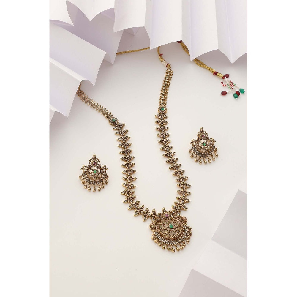 SWABHIMANN Thanya Green Temple Work Long Necklace with Earrings Set