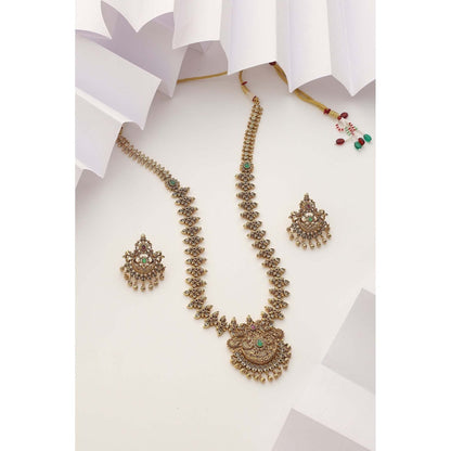 SWABHIMANN Thanya Green Temple Work Long Necklace with Earrings Set