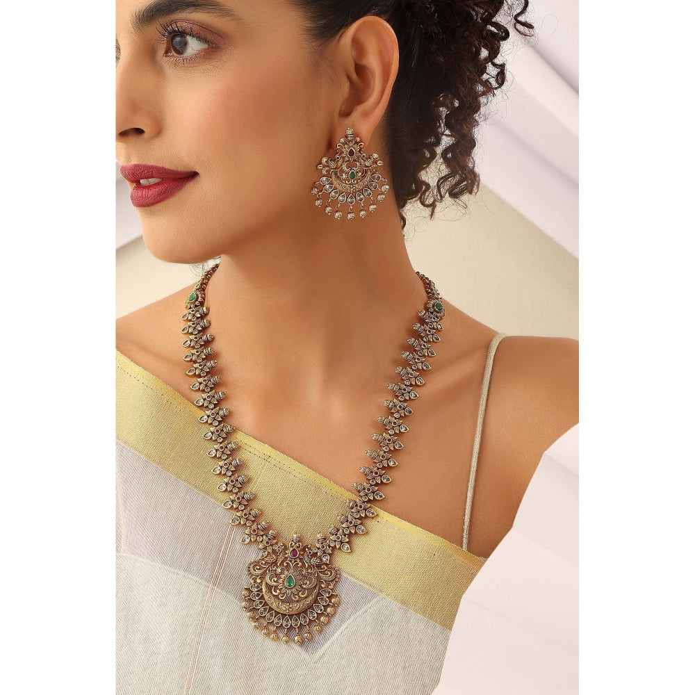 SWABHIMANN Thanya Green Temple Work Long Necklace with Earrings Set