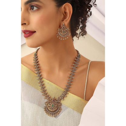 SWABHIMANN Thanya Green Temple Work Long Necklace with Earrings Set