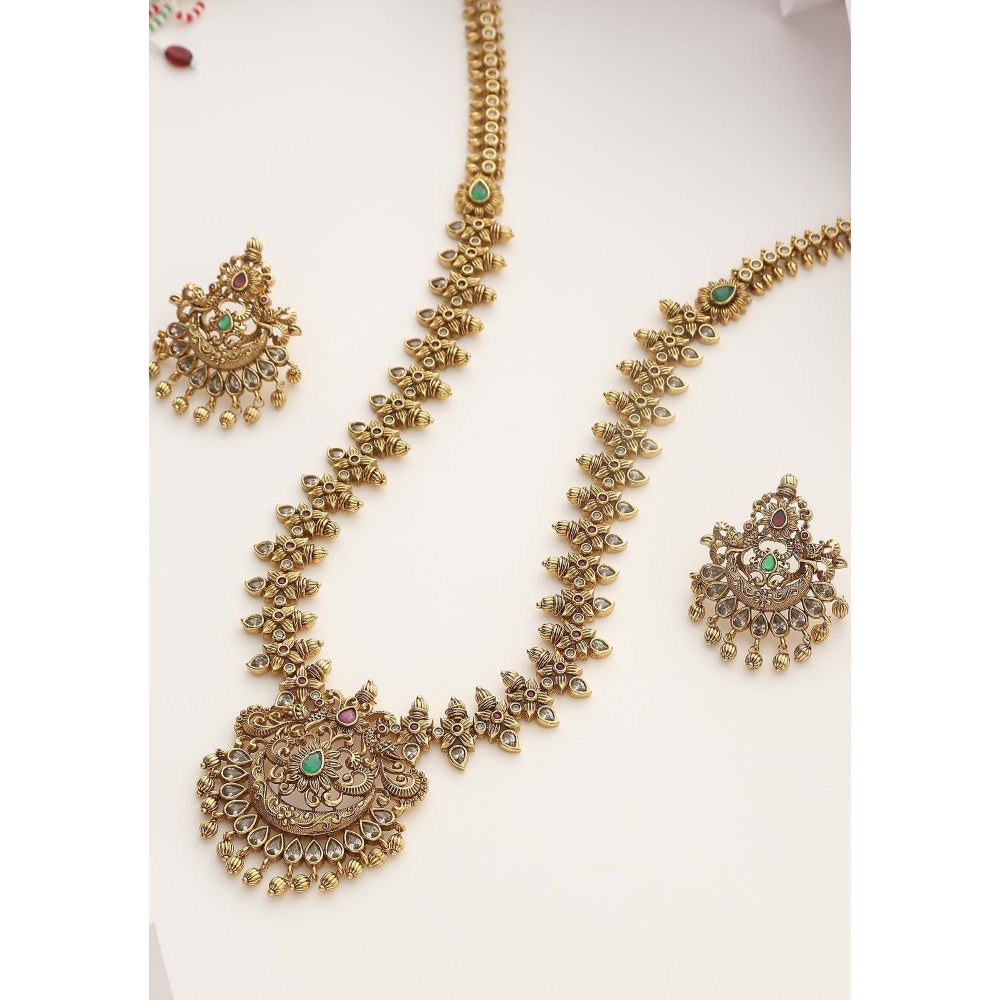 SWABHIMANN Thanya Green Temple Work Long Necklace with Earrings Set