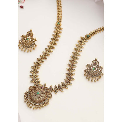 SWABHIMANN Thanya Green Temple Work Long Necklace with Earrings Set