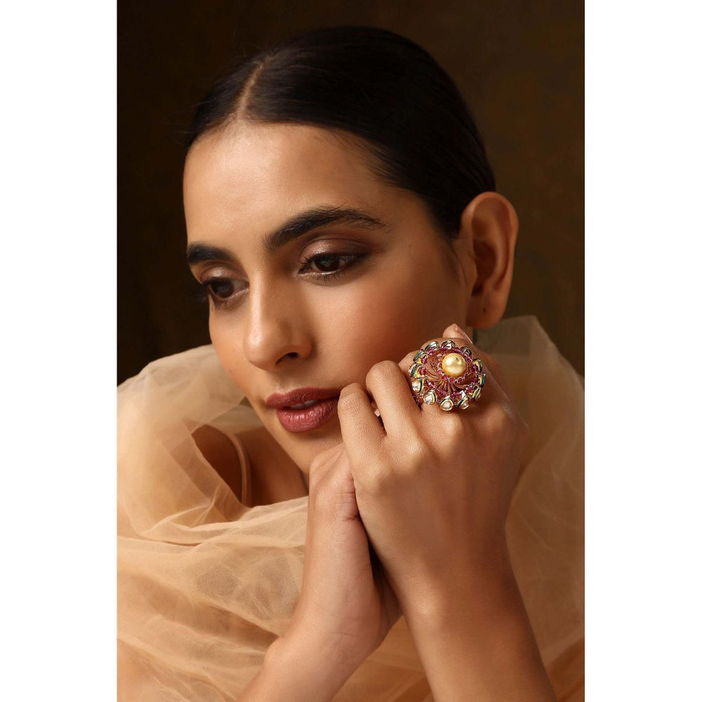 SWABHIMANN Manzil Red Kundan and Pearl Ring