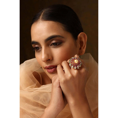 SWABHIMANN Manzil Red Kundan and Pearl Ring