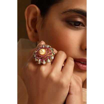 SWABHIMANN Manzil Red Kundan and Pearl Ring