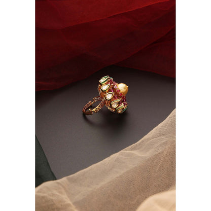 SWABHIMANN Manzil Red Kundan and Pearl Ring