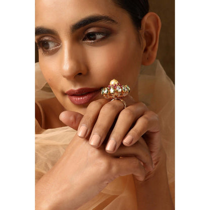 SWABHIMANN Manzil Red Kundan and Pearl Ring