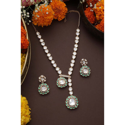 SWABHIMANN Yaavi Green Polki Necklace with Earrings Set